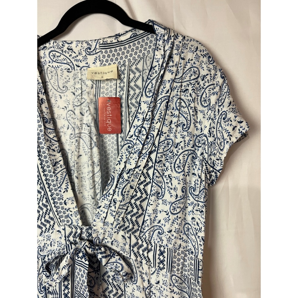 Vestique Maxi Dress Womens M White Blue Summer Soiree Paisley Boho Tie Front